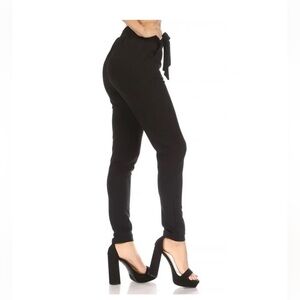 Womens Paperbag Waist Skinny Tie Dress Pants, Black